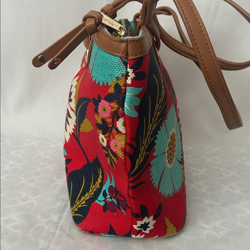 Spartina 449 Vibrant Red Floral Brown Leather Accents/Trim Tote Bag Purse 🌺🌺 - Picture 3 of 14